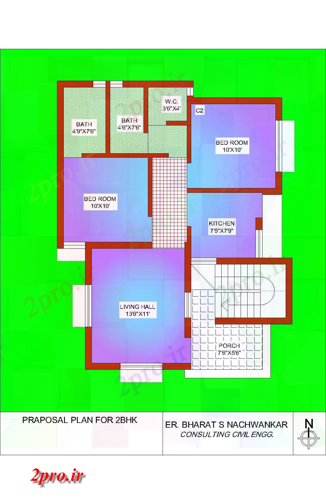 دانلود نقشه آپارتمان یک طبقه طرحی 2BHK ساده 8 در 10 متر (کد86238)