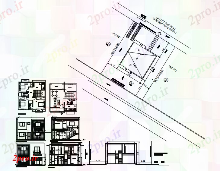 دانلود نقشه مسکونی ، ویلایی ، آپارتمان طبقه خانه با بخش و نما 8 در 8 متر (کد86284)