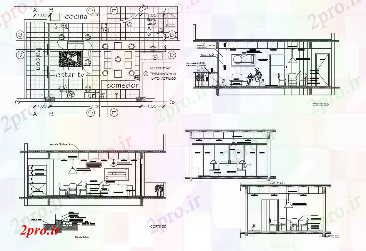 دانلود نقشه اتاق نشیمن  ، حال ، پذیرایی طراحی جزئیات از اتاق نشیمن و ناهار خوری منطقه با نما (کد86296)