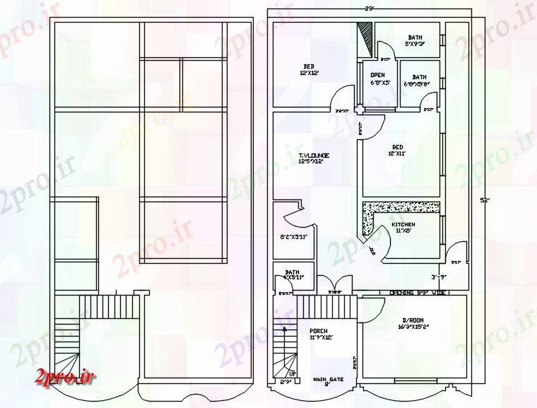 دانلود نقشه مسکونی ، ویلایی ، آپارتمان طرحی طبقه از خانه 29 'X 52' با ابعاد جزئیات 34 در 62 متر (کد86336)