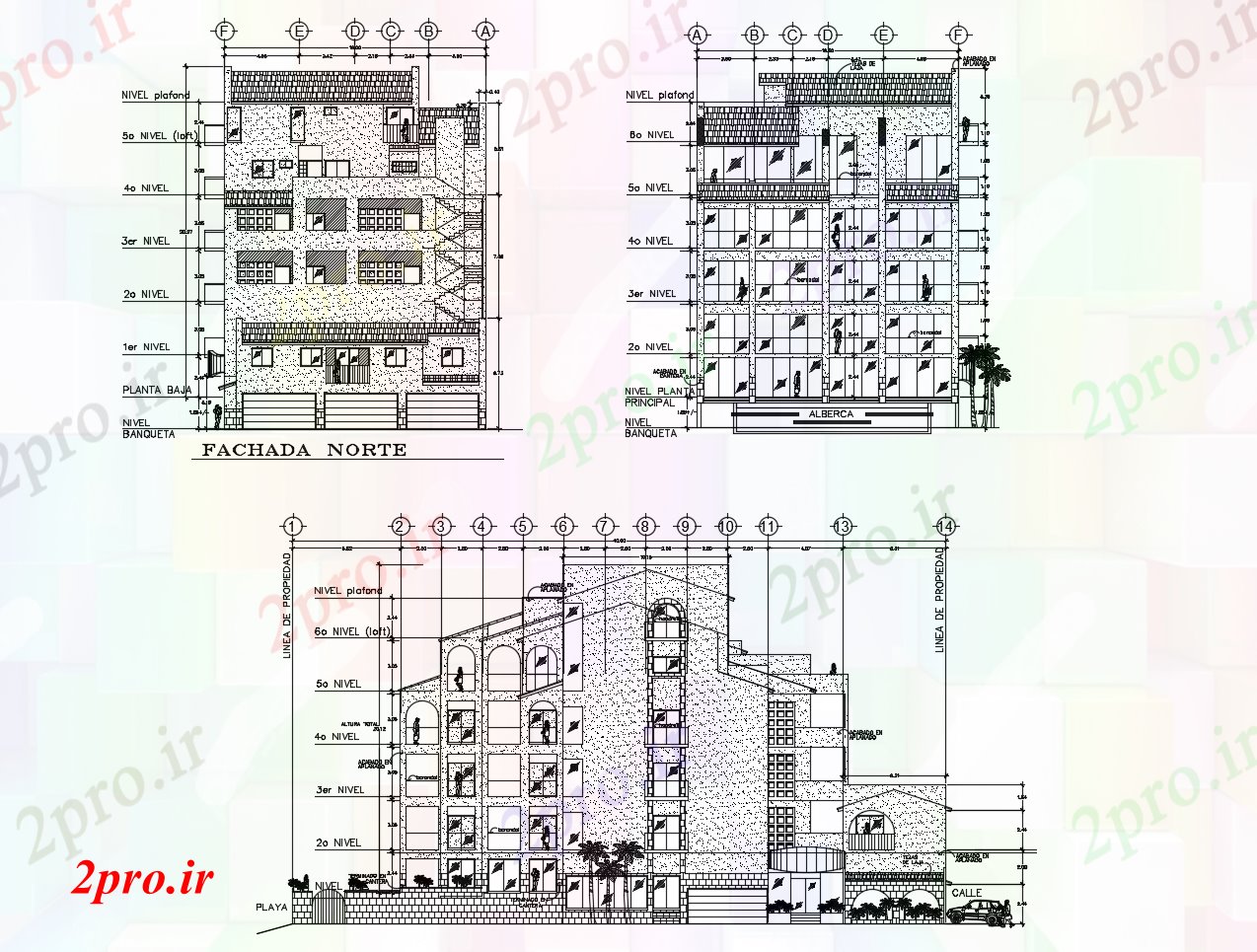 دانلود نقشه هتل - رستوران - اقامتگاه نما مقطعی از رفت و آمد مکرر 16 در 40 متر (کد86350)