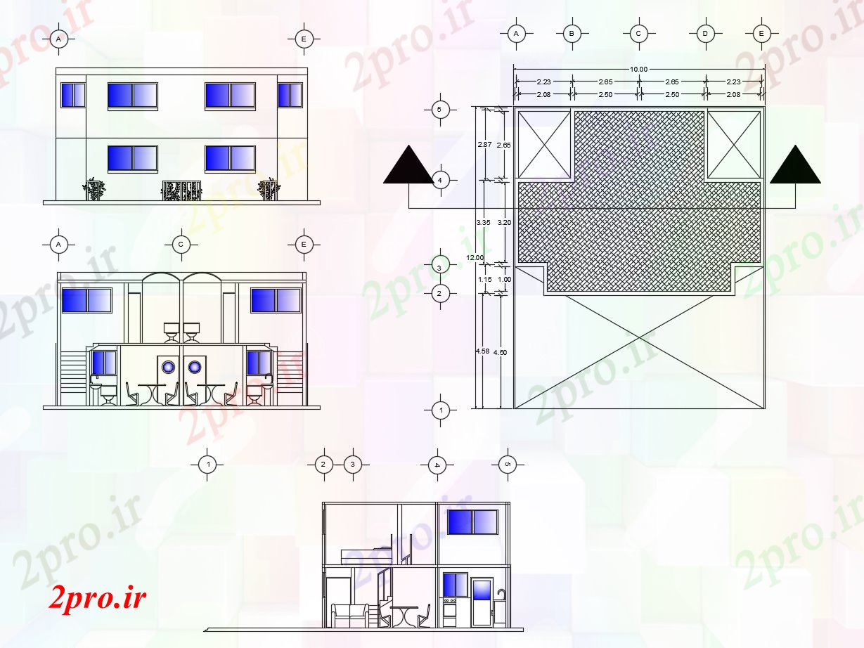 دانلود نقشه مسکونی ، ویلایی ، آپارتمان خانه 2 طبقه با طرحی سقف 10 در 12 متر (کد86358)