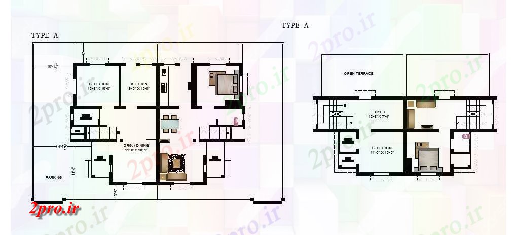 دانلود نقشه مسکونی ، ویلایی ، آپارتمان طرحی طبقه از خانه با جزئیات مبلمان 12 در 18 متر (کد86368)