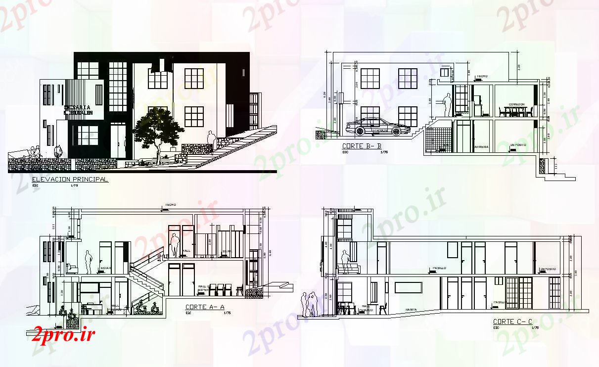 دانلود نقشه بیمارستان - درمانگاه - کلینیک نما بیمارستان 17 در 19 متر (کد86374)