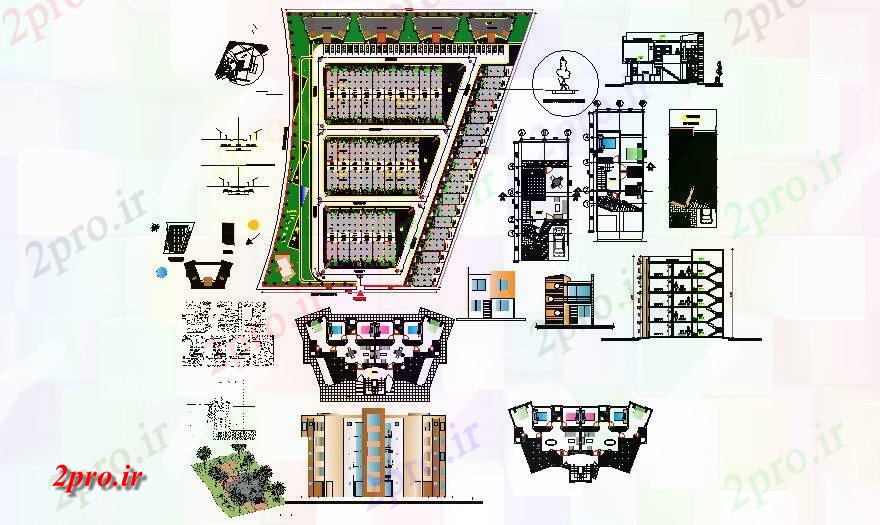 دانلود نقشه مسکونی  ، ویلایی ، آپارتمان  آپارتمان مسکونی 590mtr X 1500mtr با بخش و نما (کد86489)