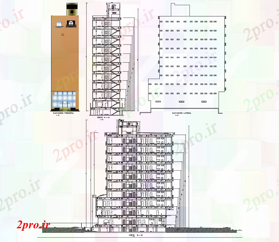 دانلود نقشه هتل - رستوران - اقامتگاه اتوکد از ساختمان هتل با نما و بخش 11 در 32 متر (کد86494)