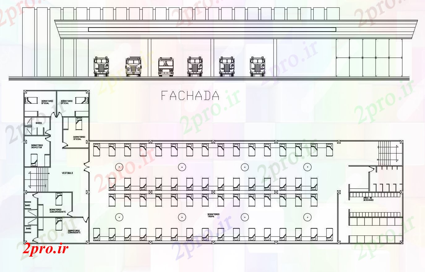 دانلود نقشه ساختمان دولتی ، سازمانی ایستگاه آتش نشانی طرحی 24 در 60 متر (کد86552)