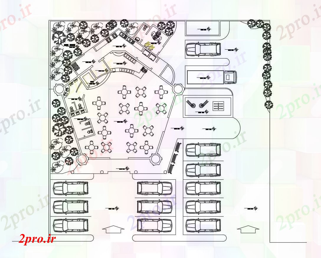 دانلود نقشه هتل - رستوران - اقامتگاه از رفت و آمد مکرر 31 در 31 متر (کد86604)