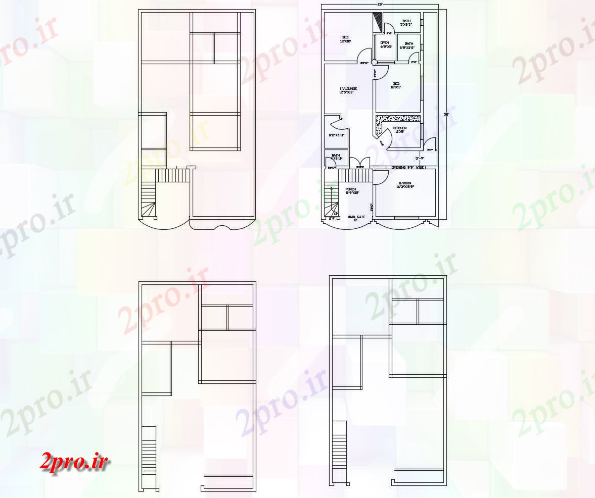 دانلود نقشه مسکونی ، ویلایی ، آپارتمان طرحی خانه 29 '× 52 با ابعاد جزئیات 34 در 62 متر (کد86616)