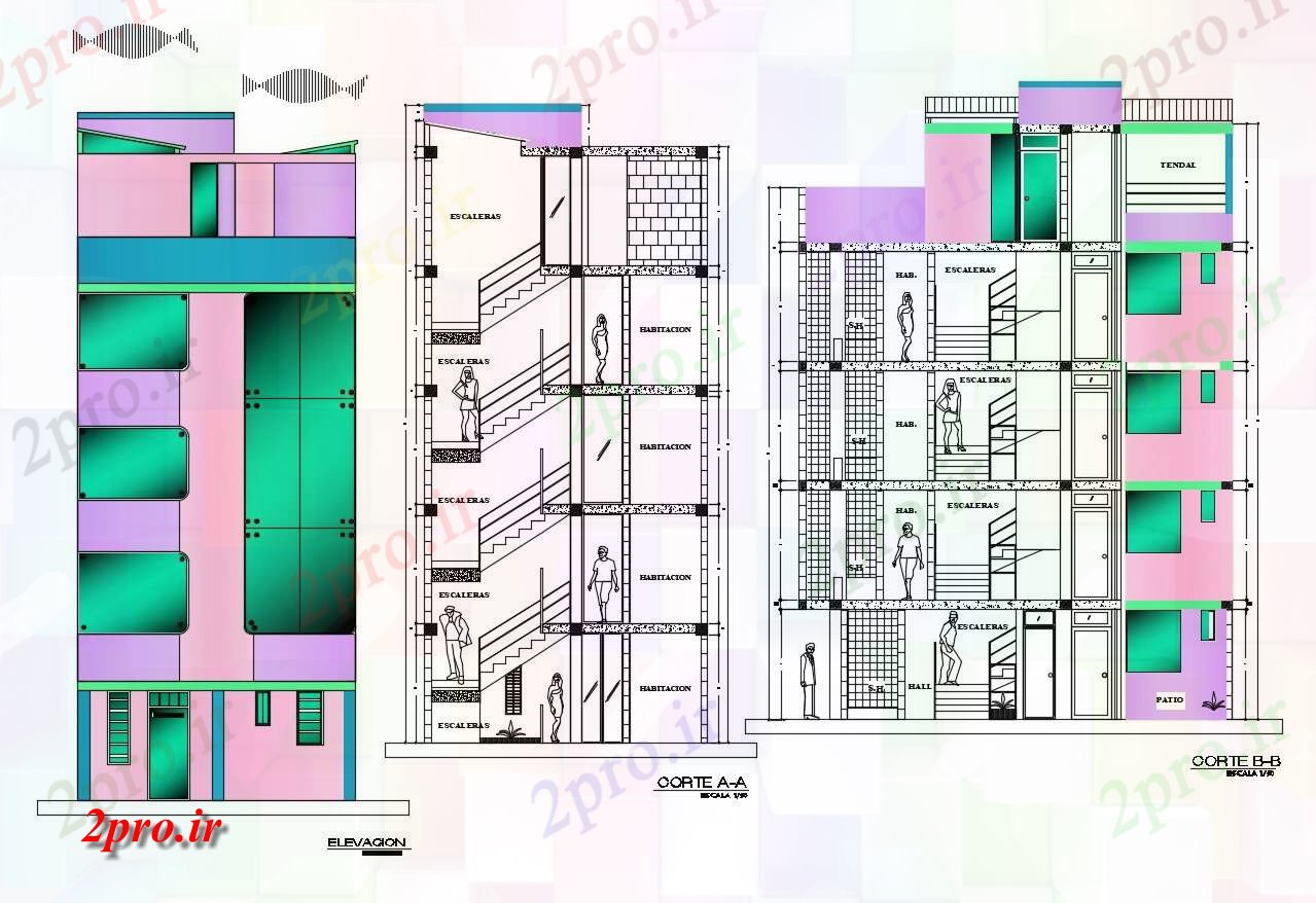 دانلود نقشه هتل - رستوران - اقامتگاه هتل نما مقطعی 14 در 22 متر (کد86630)