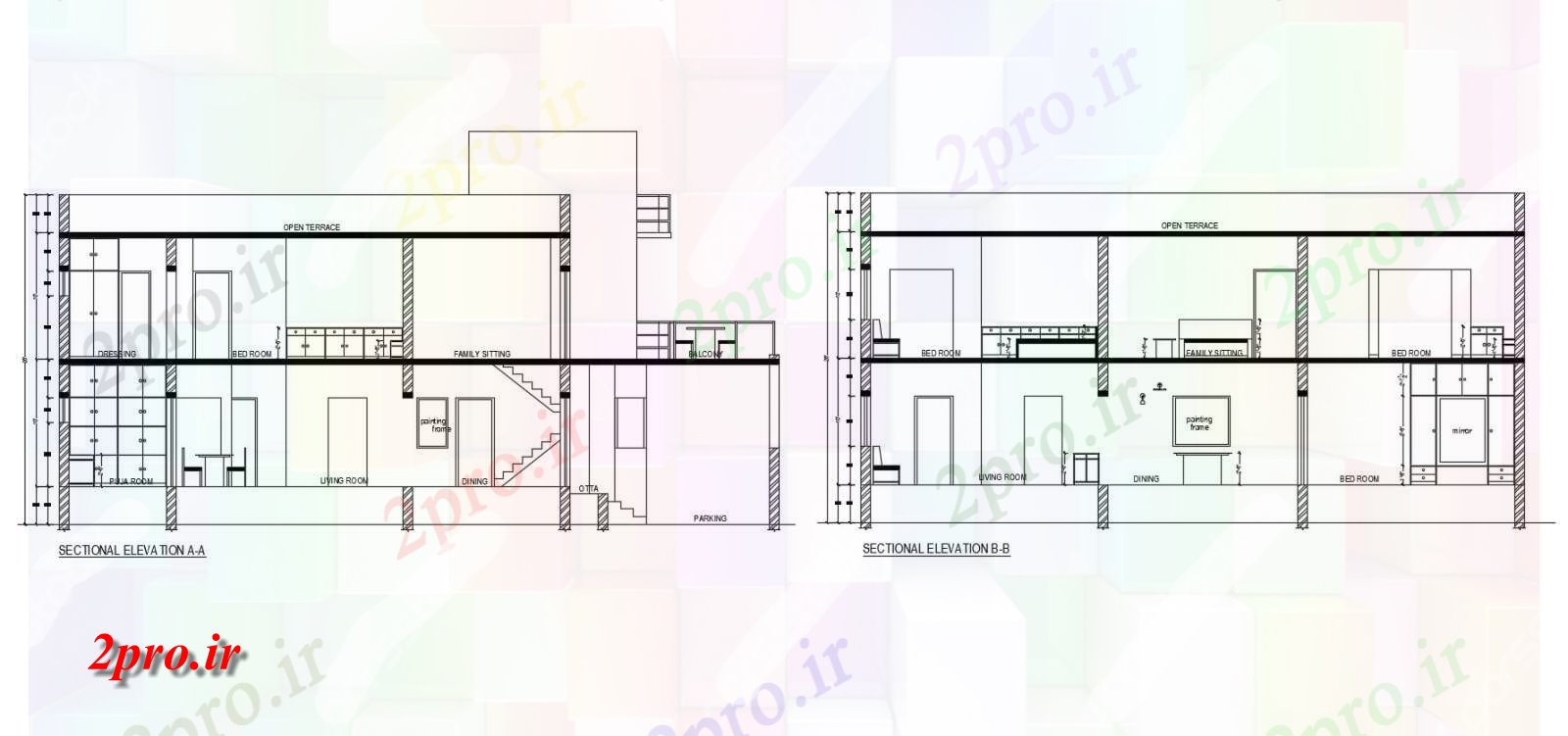 دانلود نقشه مسکونی ، ویلایی ، آپارتمان نما بخشی از خانه 2 طبقه 36 در 66 متر (کد86646)