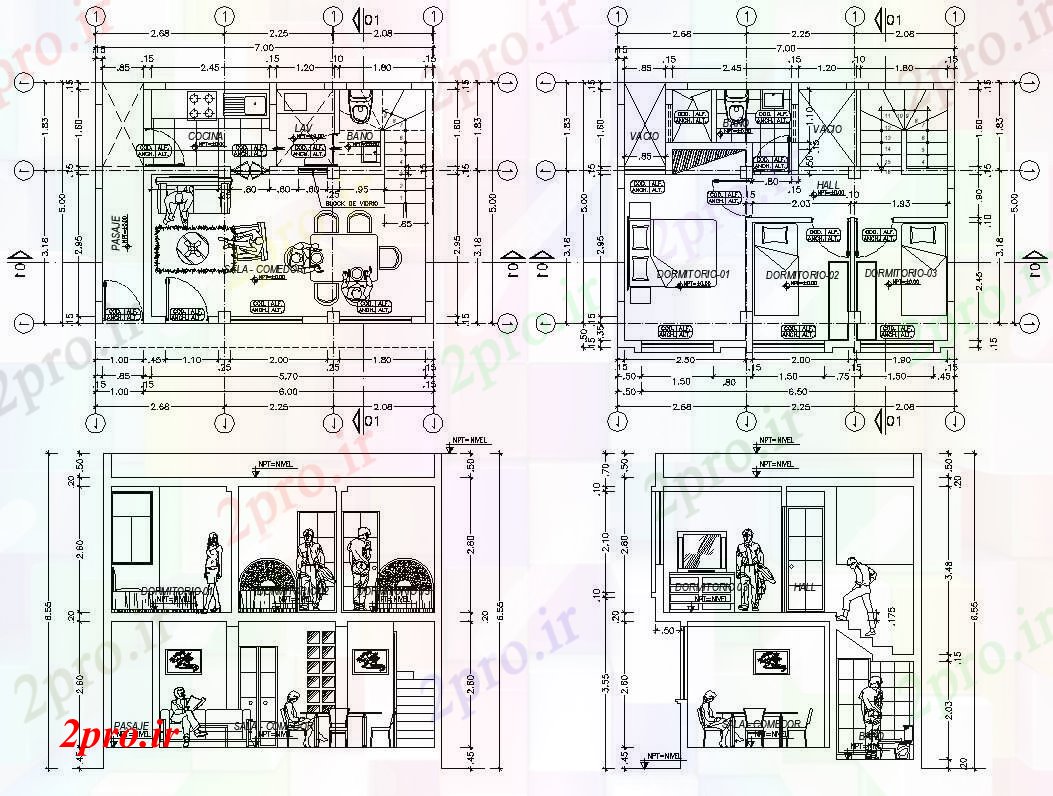 دانلود نقشه مسکونی ، ویلایی ، آپارتمان طرحی معماری خانه های مسکونی 700mtr X 500mtr را با اطلاعات مبلمان 5 در 7 متر (کد86682)