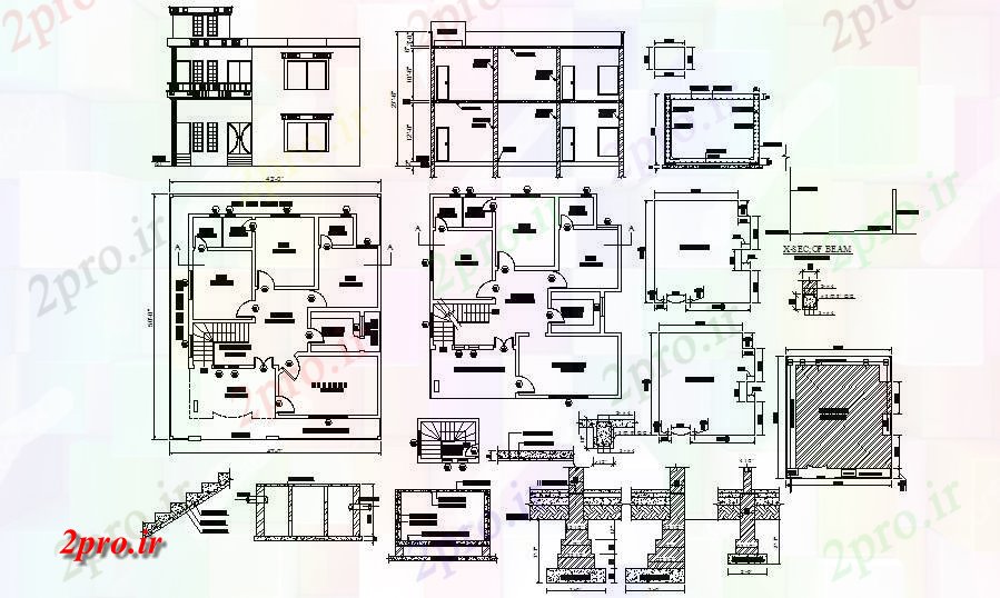 دانلود نقشه مسکونی ، ویلایی ، آپارتمان طرحی خانه های مسکونی با بخش و نما 13 در 15 متر (کد86703)