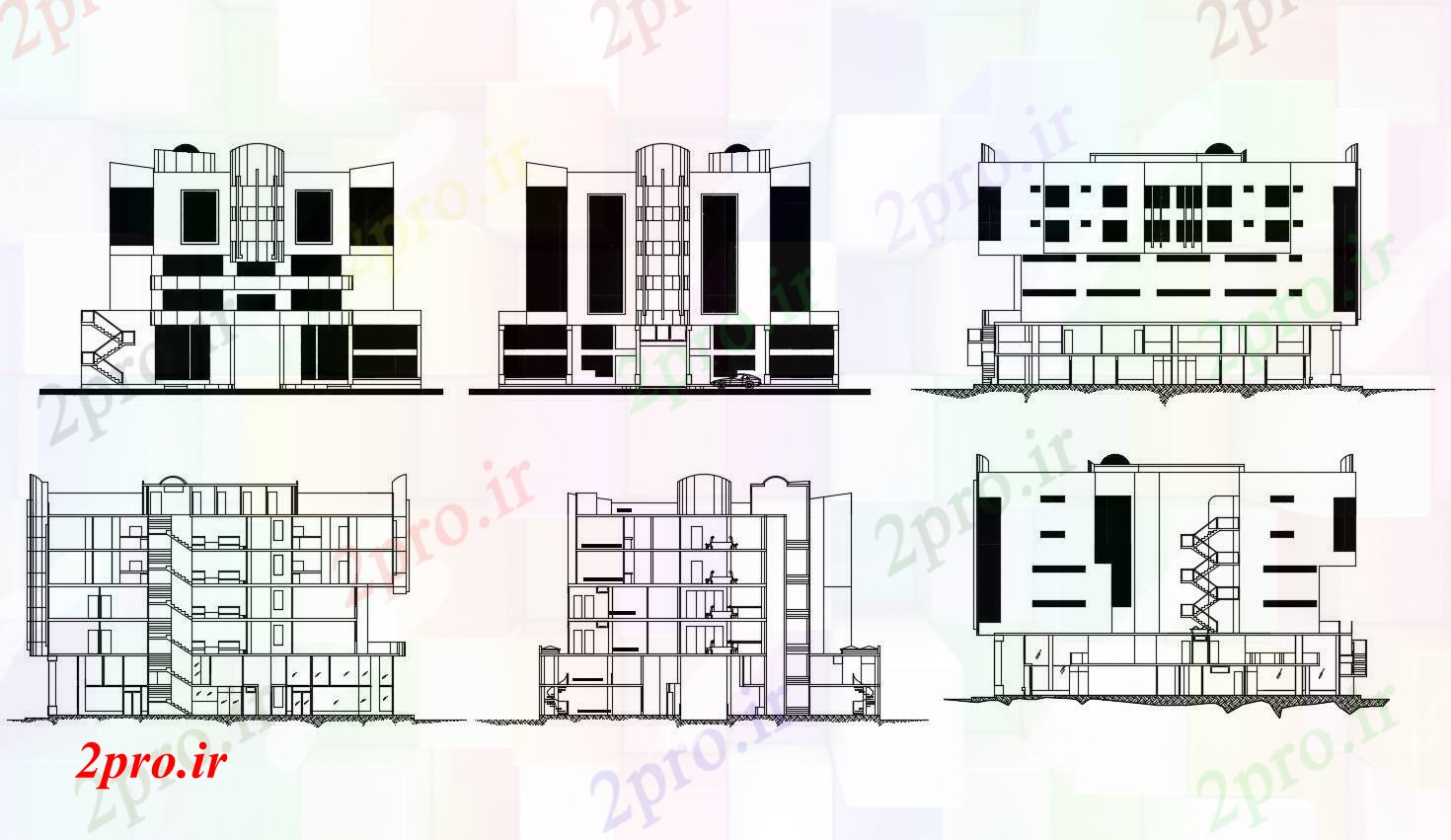 دانلود نقشه ساختمان اداری - تجاری - صنعتی نماات ساختمان تجاری 27 در 29 متر (کد86719)