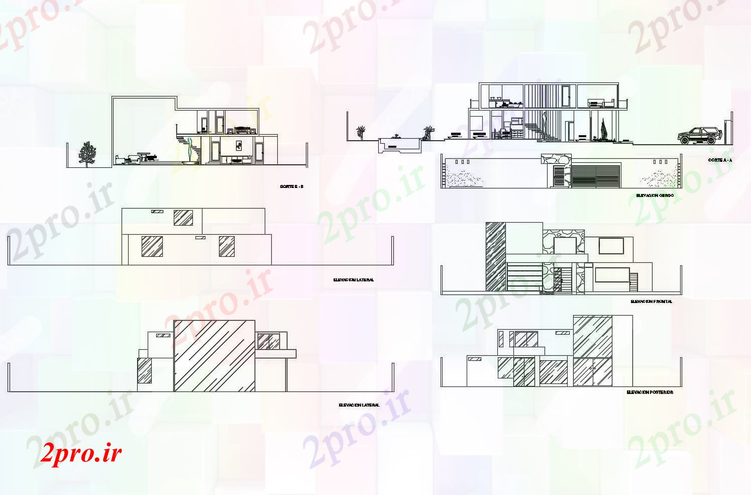 دانلود نقشه خانه های کوچک ، نگهبانی ، سازمانی - ویلا طبقه با نما و بخش (کد86737)