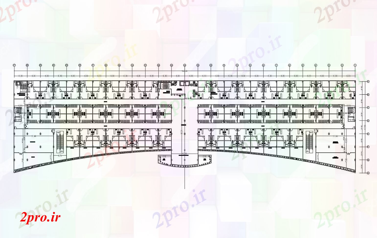 دانلود نقشه هتل - رستوران - اقامتگاه طرحی معماری هتل ساخت 15600mtr X 4200mtr با ابعاد جزئیات 42 در 156 متر (کد86746)