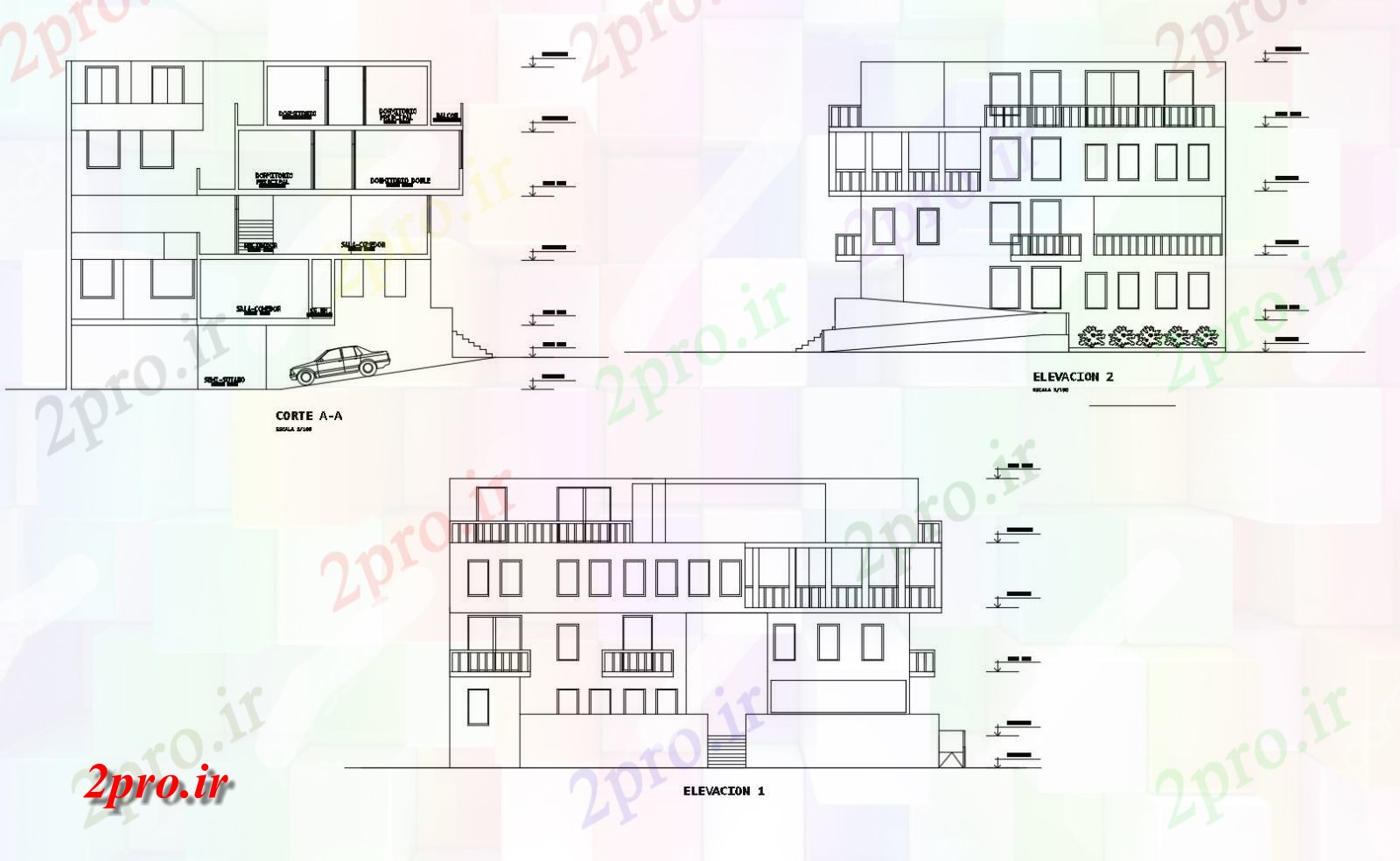 دانلود نقشه مسکونی  ، ویلایی ، آپارتمان  ساختمان مسکونی با نما (کد86753)