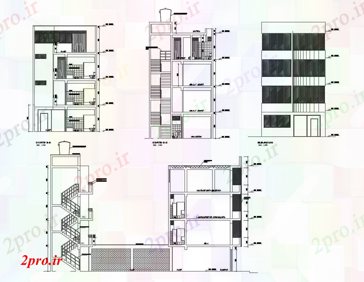 دانلود نقشه مسکونی  ، ویلایی ، آپارتمان  طبقه ساختمان با نما و بخش  (کد86815)