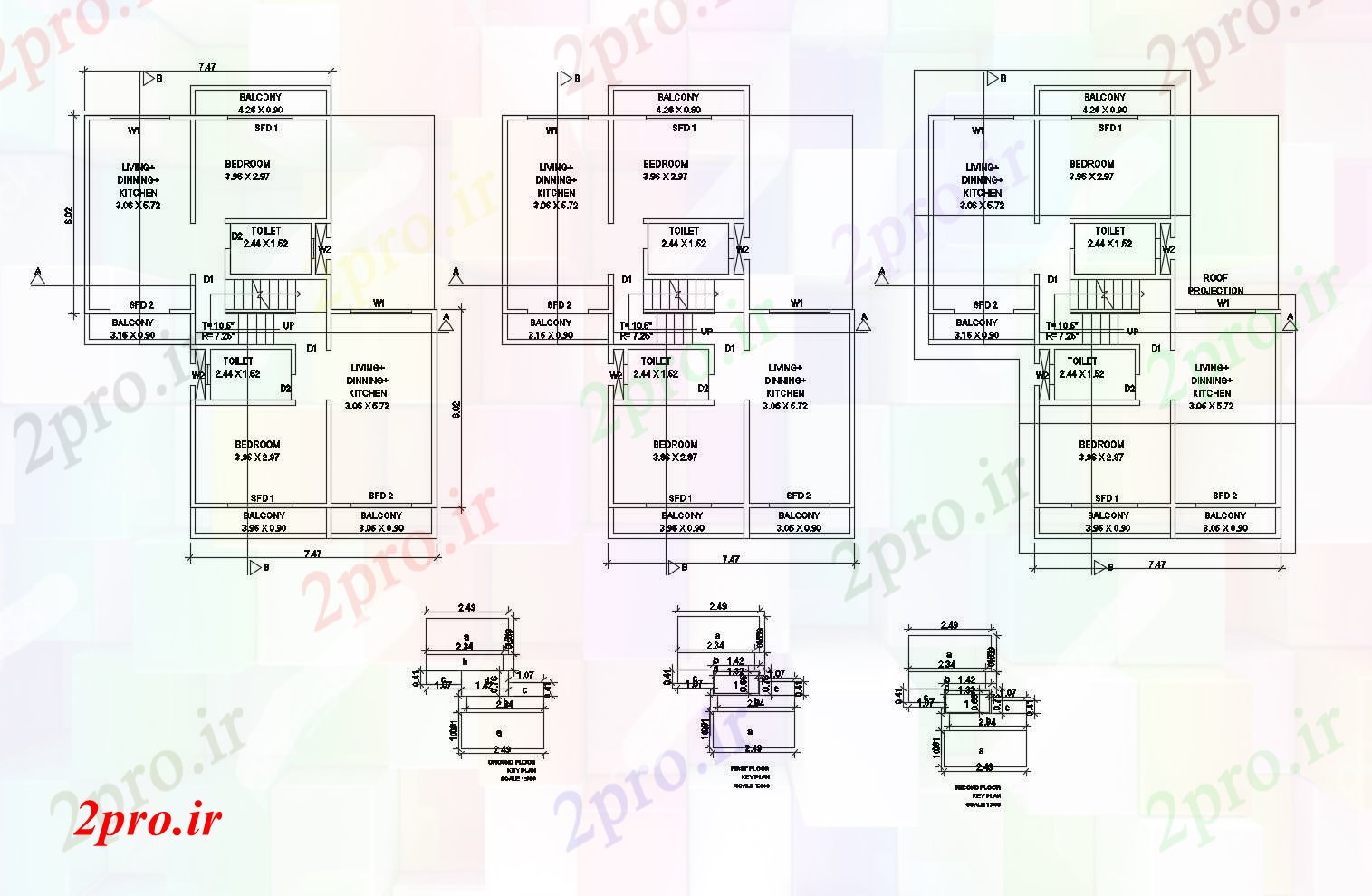 دانلود نقشه مسکونی  ، ویلایی ، آپارتمان   یک خانه ردیف با ابعاد جزئیات (کد86851)