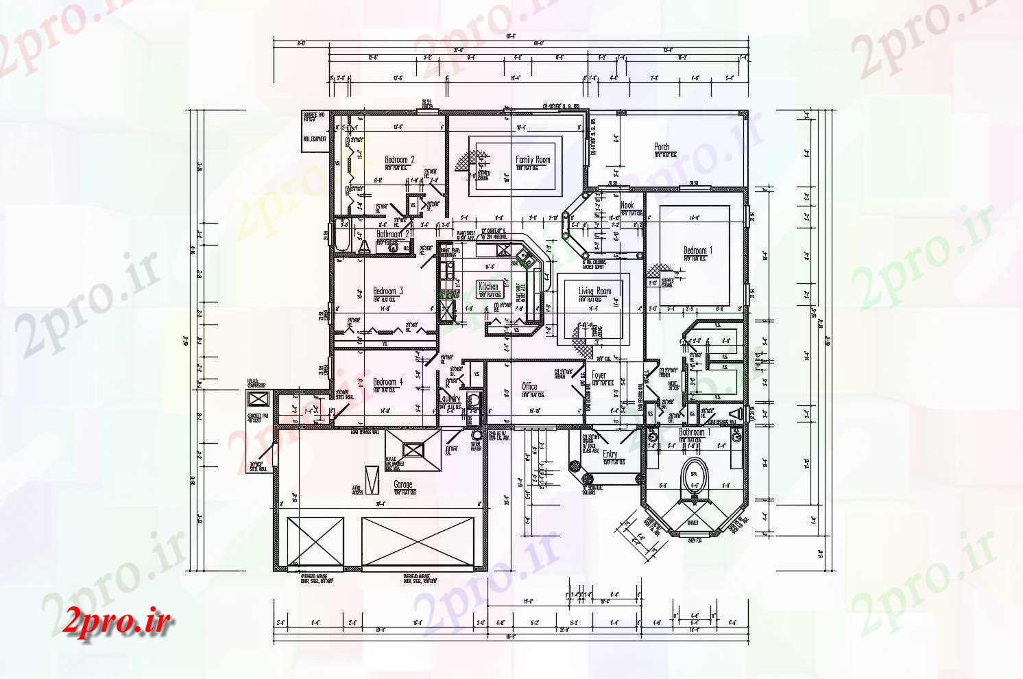 دانلود نقشه مسکونی  ، ویلایی ، آپارتمان  طرحی خانه 68'0 '' X 66'0 '' با ابعاد جزئیات  (کد86863)