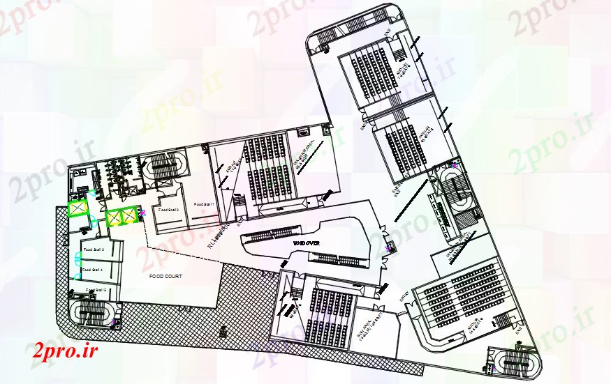 دانلود نقشه تئاتر چند منظوره - سینما - سالن کنفرانس - سالن همایشطرحی معماری از تئاتر با ابعاد جزئیات (کد86949)