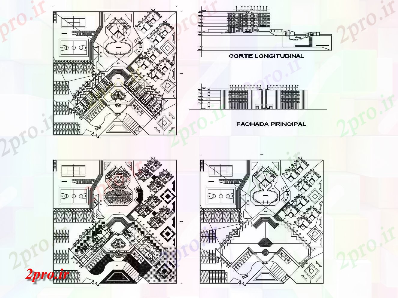 دانلود نقشه هتل - رستوران - اقامتگاه طراحی هتل 100mtr X 100mtr با نما 100 در 100 متر (کد86962)