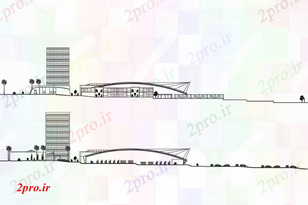 دانلود نقشه ساختمان اداری - تجاری - صنعتی نماات مجموعه ساختمان 140 در 337 متر (کد86992)