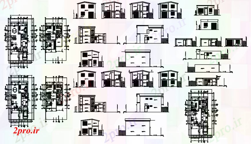 دانلود نقشه بلوک افراد طبقه خانه های تک خانواده با نما و بخش های مختلف (کد87019)
