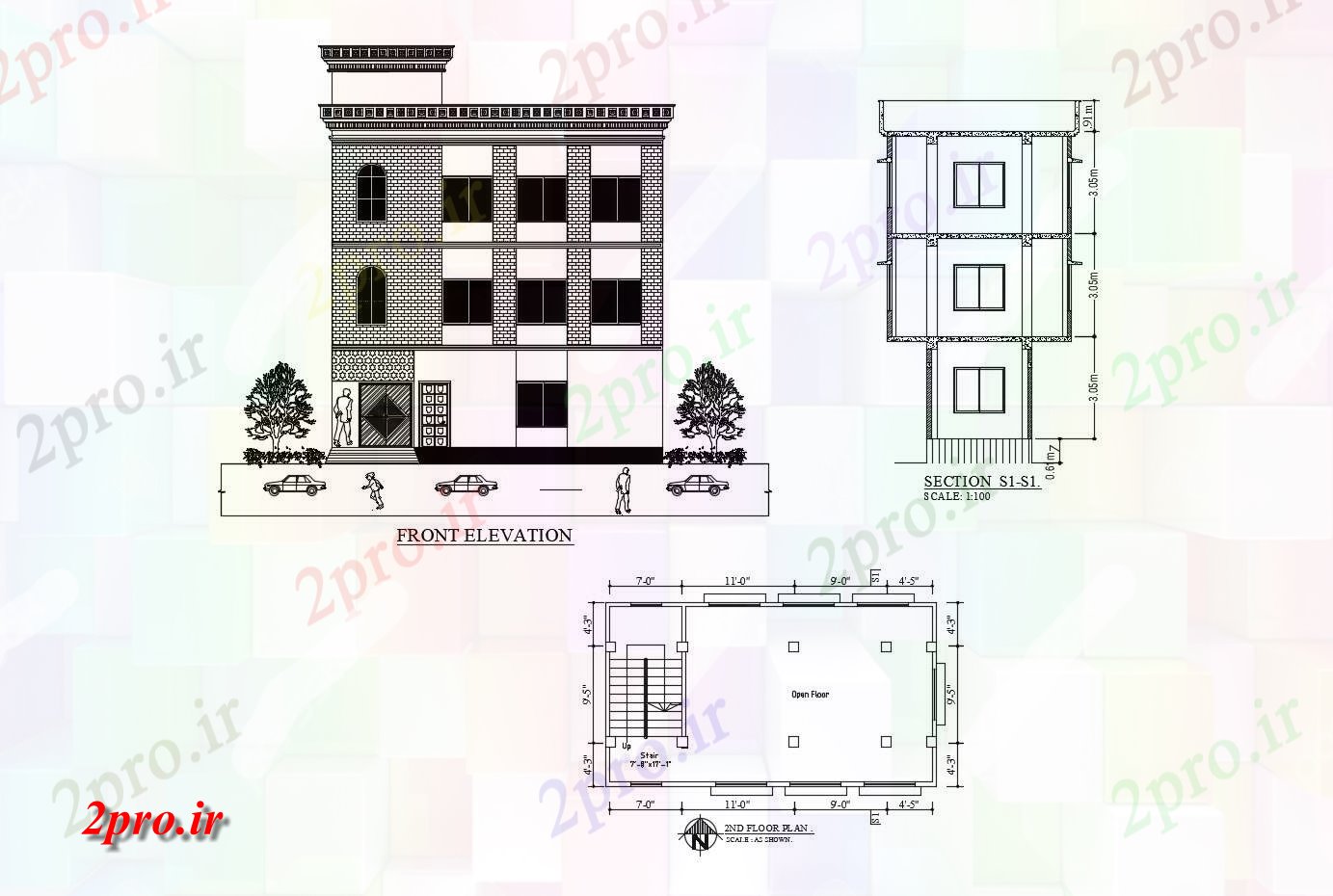 دانلود نقشه ساختمان اداری - تجاری - صنعتی ساختمان اداری با نما و بخش 5 در 10 متر (کد87031)