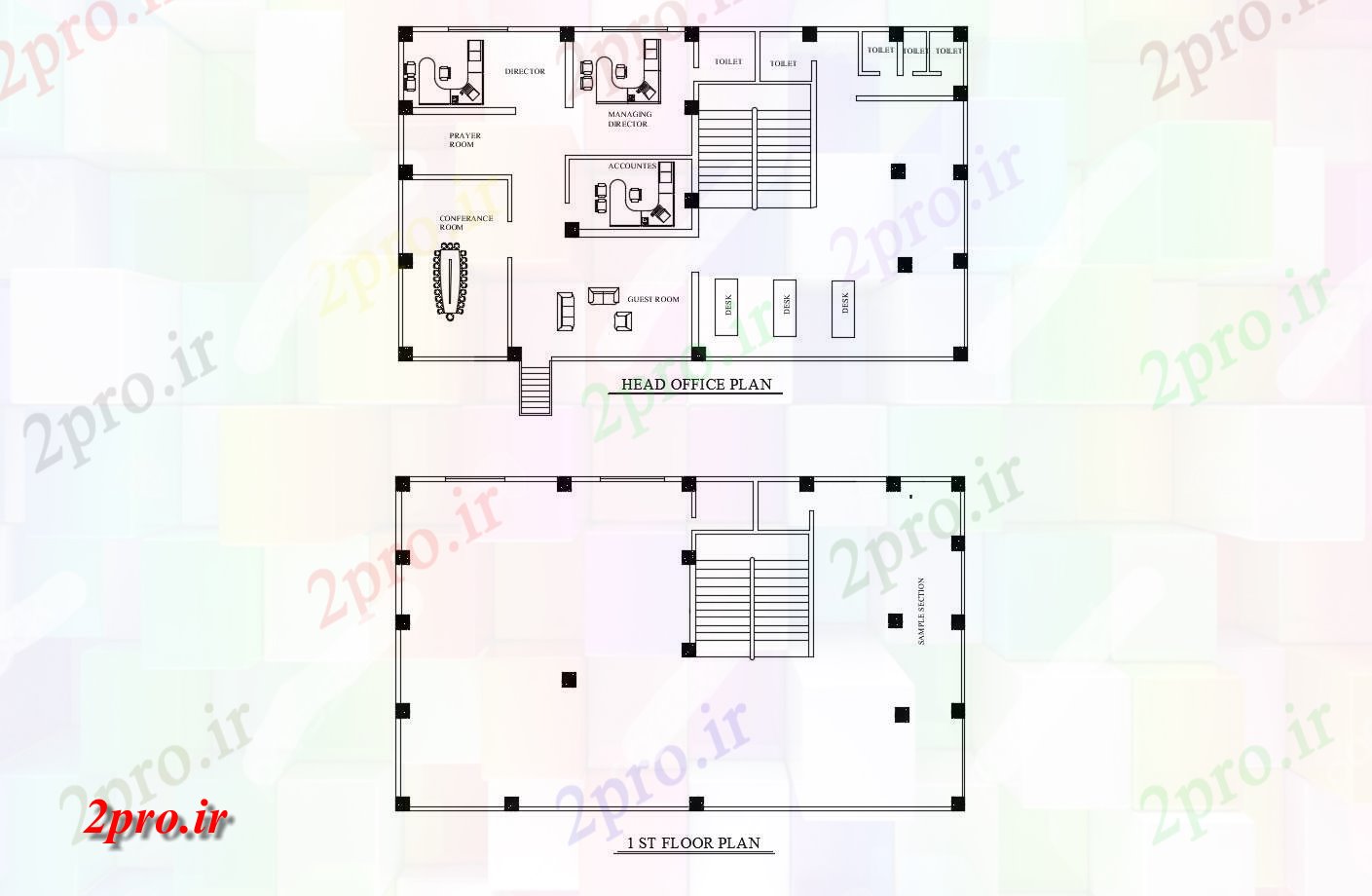 دانلود نقشه ساختمان اداری - تجاری - صنعتی طرحی از دفتر مرکزی با جزئیات مبلمان 11 در 19 متر (کد87033)