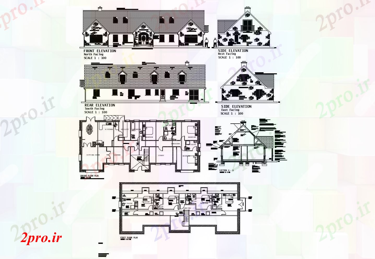 دانلود نقشه مسکونی  ، ویلایی ، آپارتمان  اتوکد از یک خانه مسکونی با نما و بخش های مختلف (کد87152)