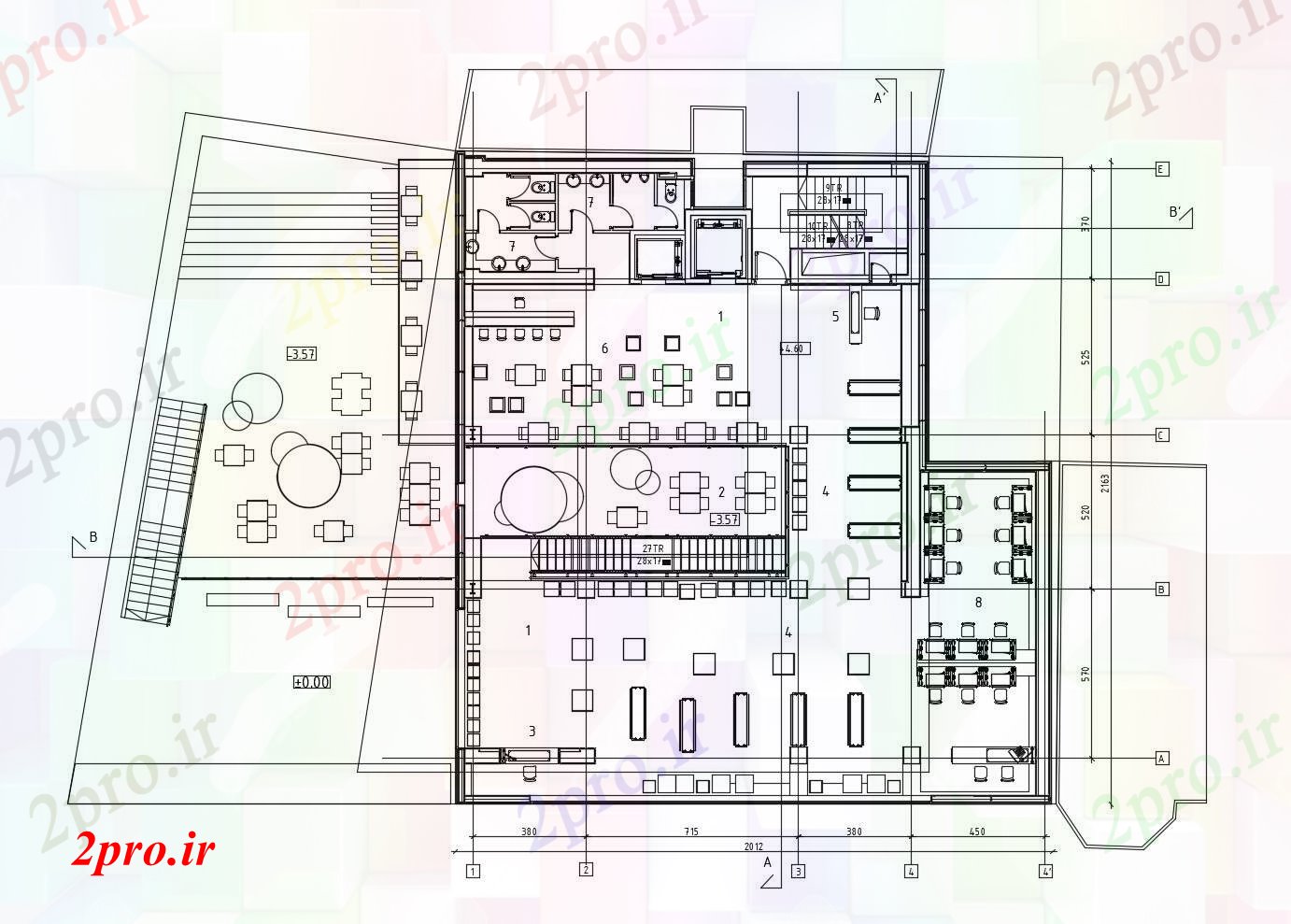 دانلود نقشه هتل - رستوران - اقامتگاه از کافه با ابعاد جزئیات 20 در 22 متر (کد87161)