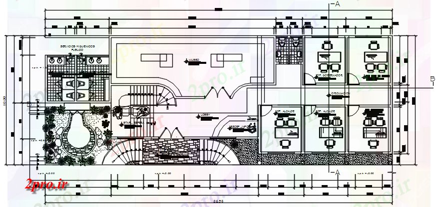 دانلود نقشه ساختمان اداری - تجاری - صنعتی طرحی از دفتر با ابعاد جزئیات 10 در 27 متر (کد87181)