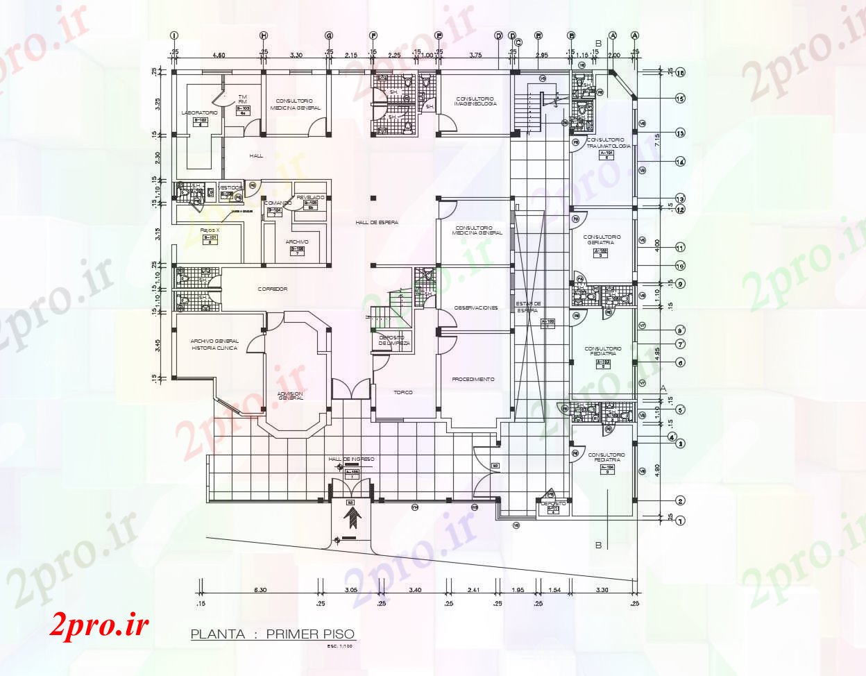 دانلود نقشه بیمارستان - درمانگاه - کلینیک طرحی معماری از درمانگاه با ابعاد جزئیات 10 در 24 متر (کد87245)