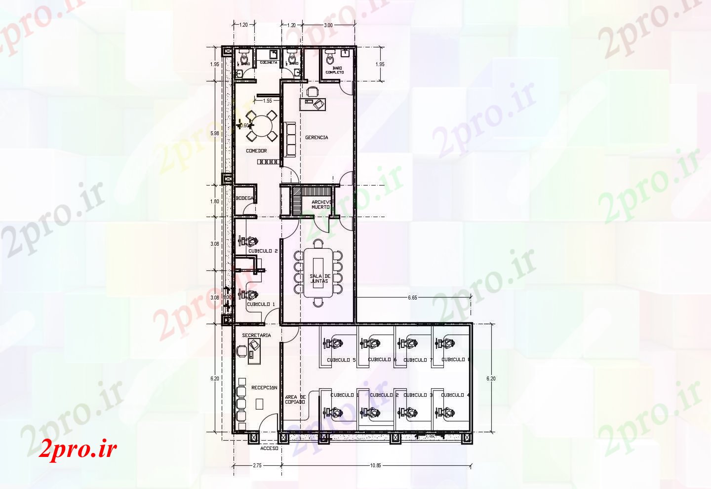 دانلود نقشه ساختمان اداری - تجاری - صنعتی طراحی دفتر با ابعاد جزئیات 14 در 22 متر (کد87271)