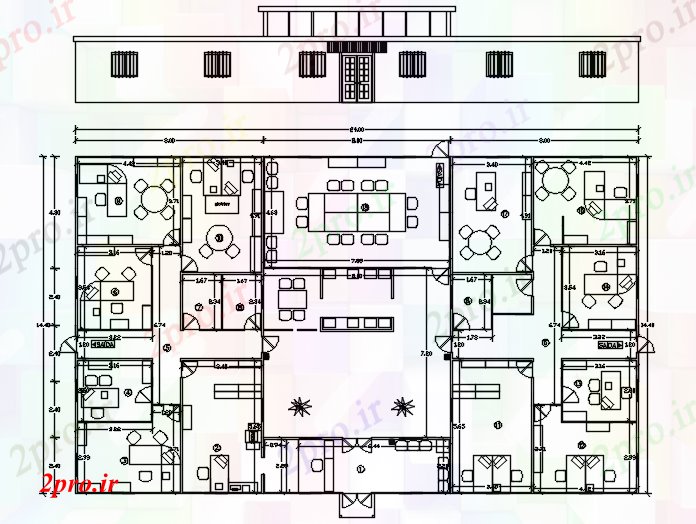 دانلود نقشه ساختمان اداری - تجاری - صنعتی طرحی دفتر 2400mtr X 1440mtr با ابعاد جزئیات 14 در 24 متر (کد87278)