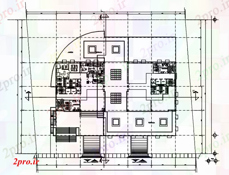 دانلود نقشه ساختمان اداری - تجاری - صنعتی طراحی دفتر با ابعاد جزئیات 63 در 64 متر (کد87285)