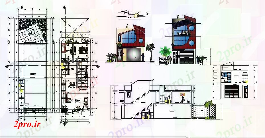 دانلود نقشه خانه های کوچک ، نگهبانی ، سازمانی - طرحی ویلا 2 طبقه با ابعاد جزئیات  (کد87468)