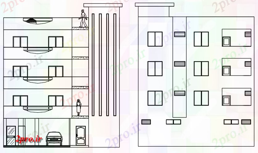 دانلود نقشه مسکونی  ، ویلایی ، آپارتمان  آپارتمان مسکونی با نما (کد87512)