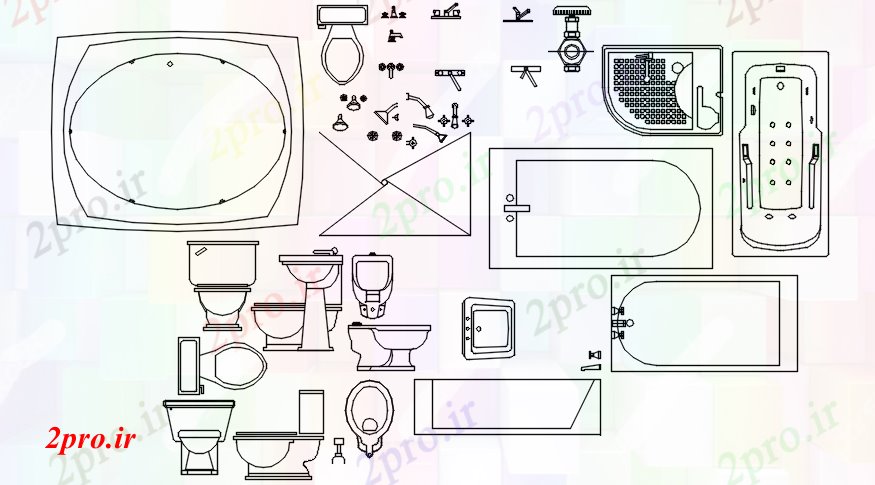 دانلود نقشه تجهیزات بهداشتی بلوک های اتوکد لوازم جانبی حمام (کد87635)