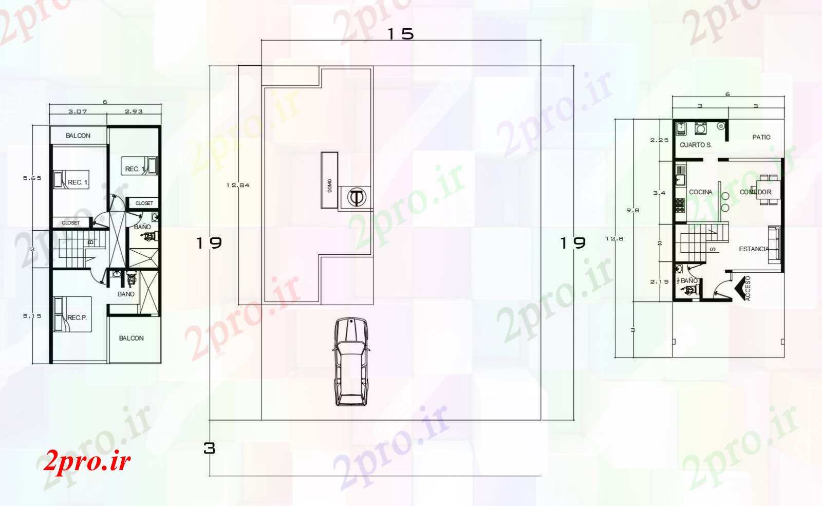 دانلود نقشه مسکونی  ، ویلایی ، آپارتمان  طرحی خانه 15mtr X 19mtr با ابعاد جزئیات  (کد88159)