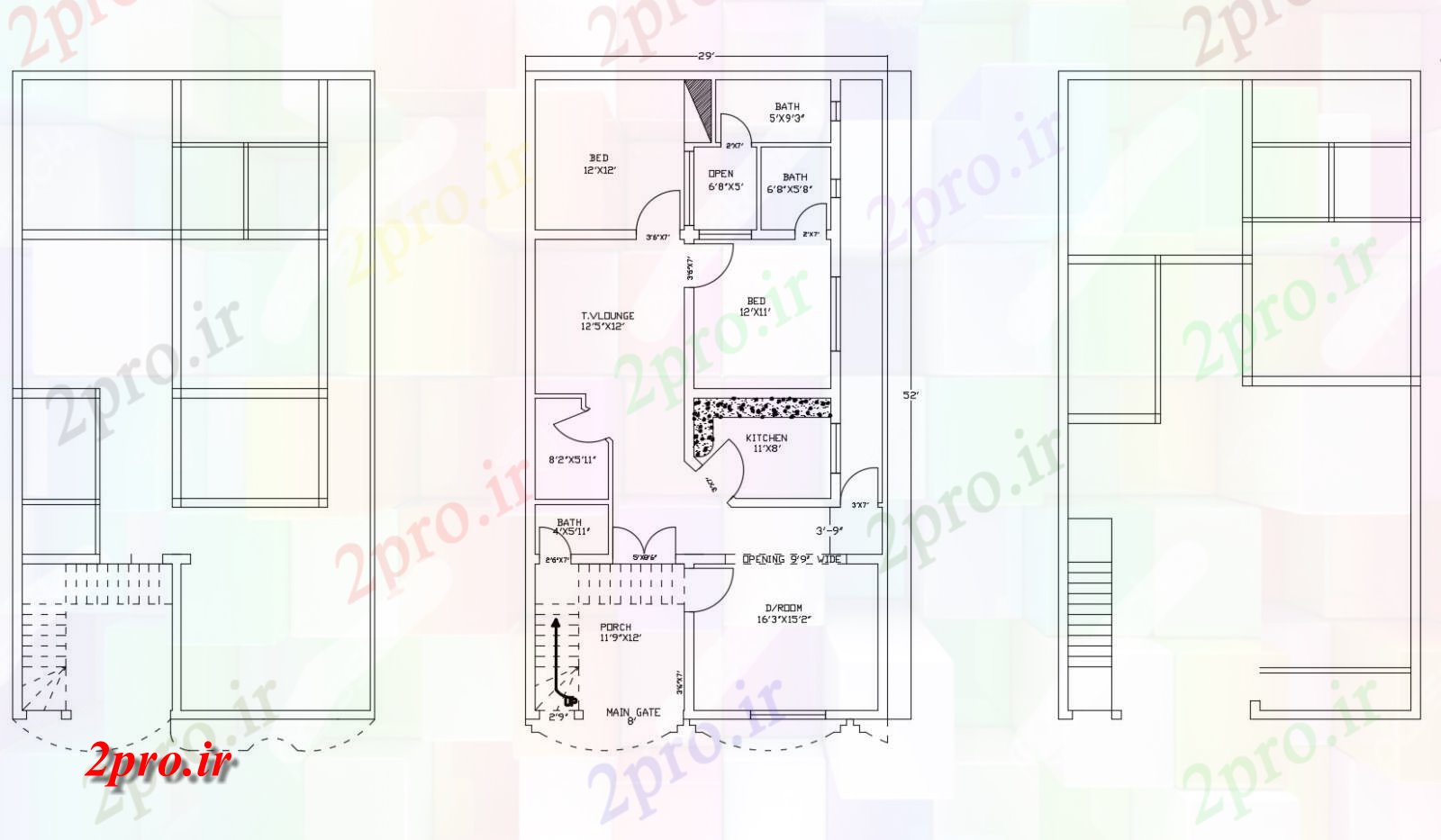 دانلود نقشه مسکونی  ، ویلایی ، آپارتمان  طرحی خانه 29 'X 52' با ابعاد جزئیات (کد88274)