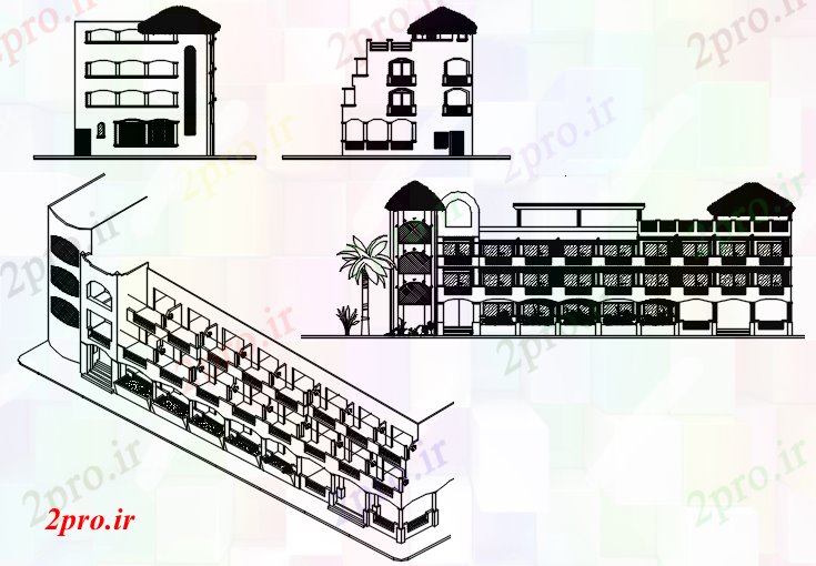 دانلود نقشه هتل - رستوران - اقامتگاه نما بخشی از هتل 33 در 115 متر (کد88289)