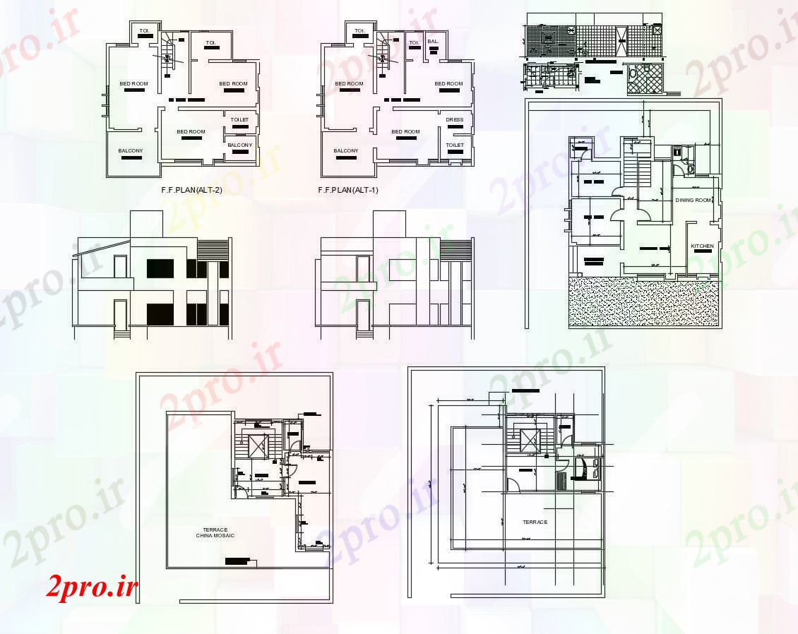 دانلود نقشه مسکونی  ، ویلایی ، آپارتمان  طبقه خانه با طراحی نما و بخش  (کد88296)