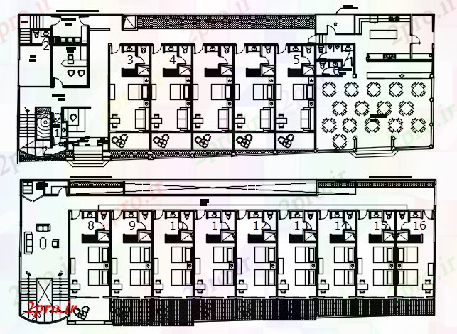 دانلود نقشه هتل - رستوران - اقامتگاه اتوکد از طرحی هتل 13 در 40 متر (کد88349)