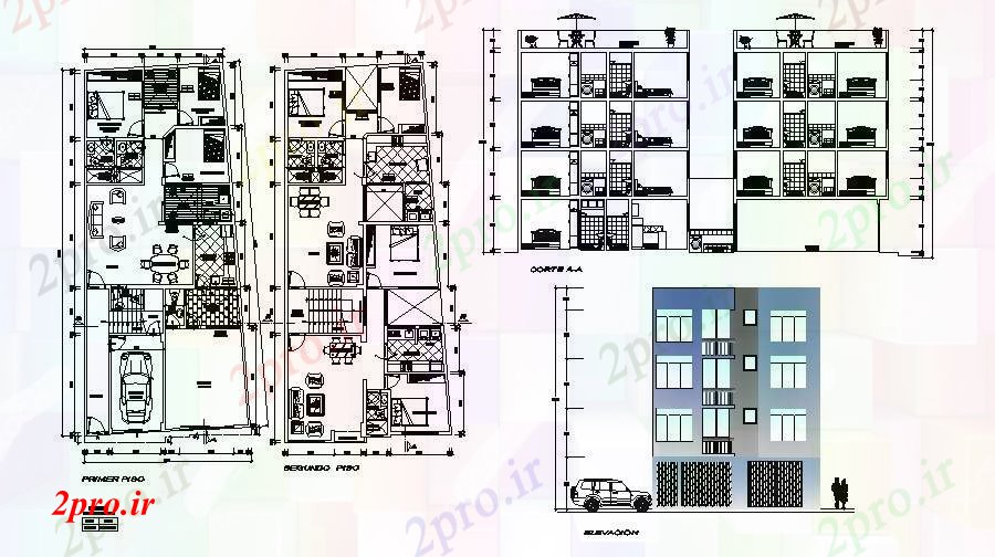 دانلود نقشه مسکونی  ، ویلایی ، آپارتمان  طراحی طرحی آپارتمان   با نما و بخش  (کد88383)