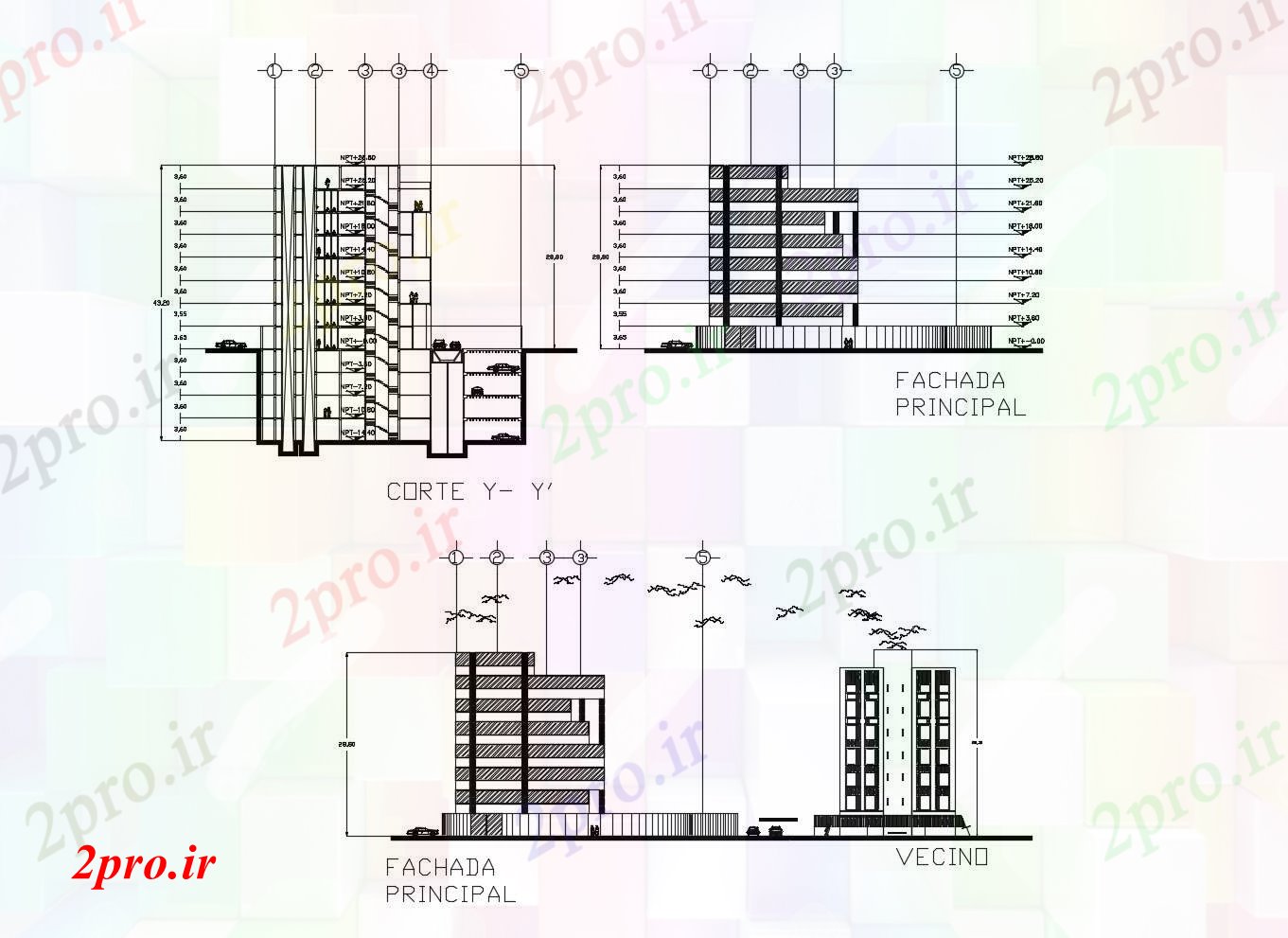 دانلود نقشه ساختمان اداری - تجاری - صنعتی ساختمان طراحی با جزئیات نما (کد88432)