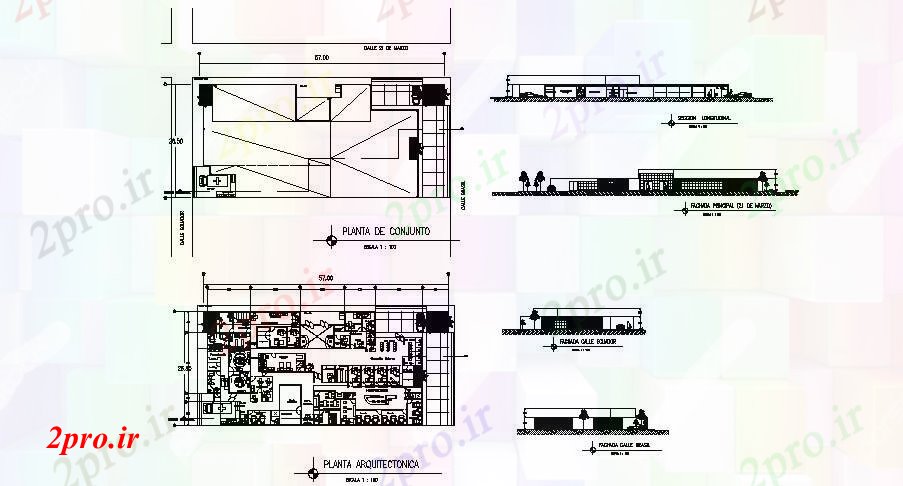 دانلود نقشه ساختمان اداری - تجاری - صنعتی طرحی معماری بنا با ابعاد جزئیات 26 در 57 متر (کد88439)