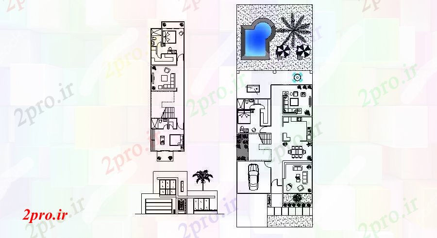 دانلود نقشه خانه های کوچک ، نگهبانی ، سازمانی - طراحی از خانههای ویلایی با جزئیات مبلمان  (کد88465)