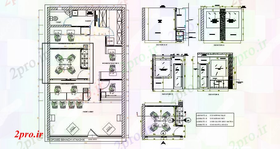 دانلود نقشه ساختمان اداری - تجاری - صنعتی طراحی از اتاق جلسه با بخش و نما 6 در 11 متر (کد88470)